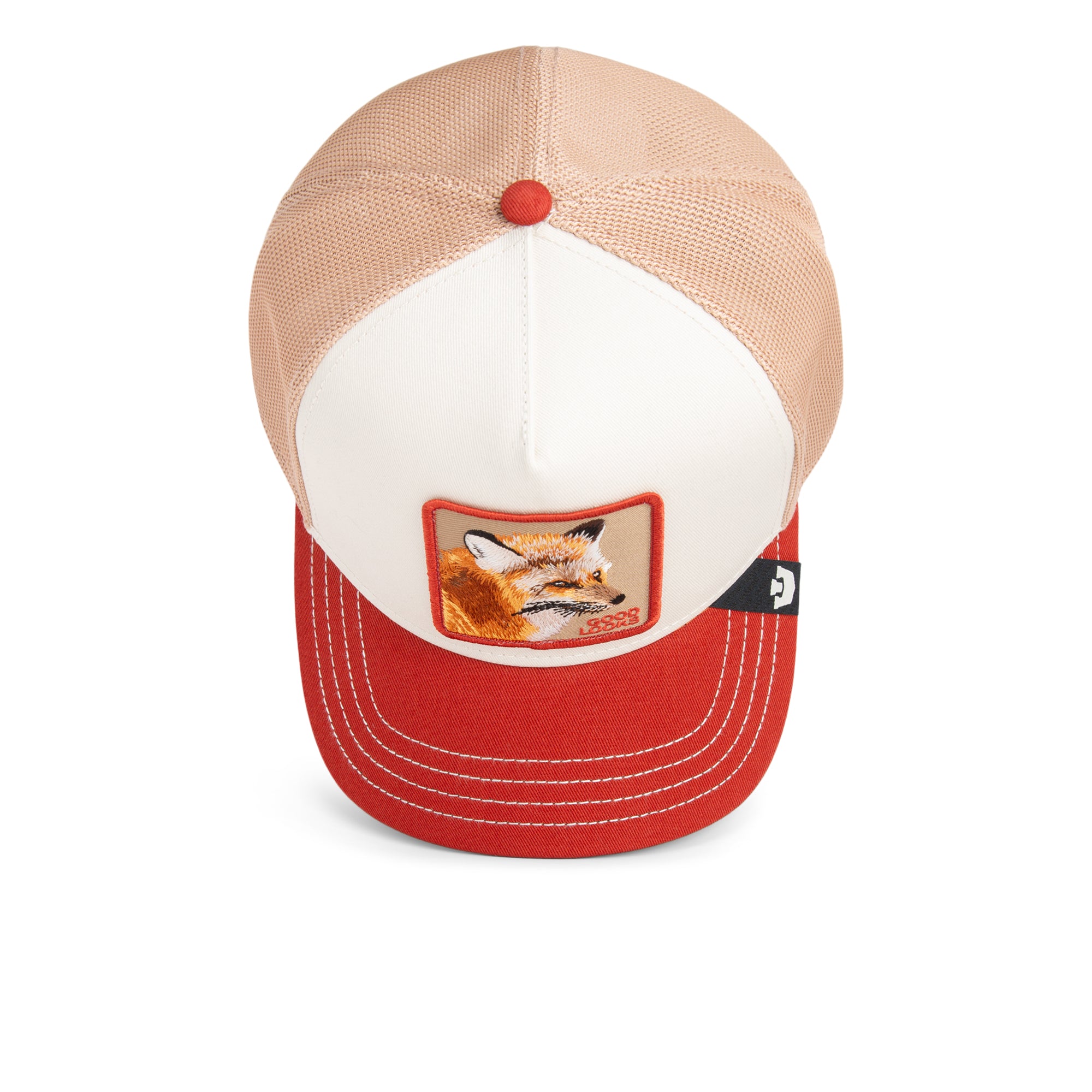 Beige and red Goorin Bros trucker hat with mesh back featuring embroidered fox patch labeled GOOD LOOKS on front panel
