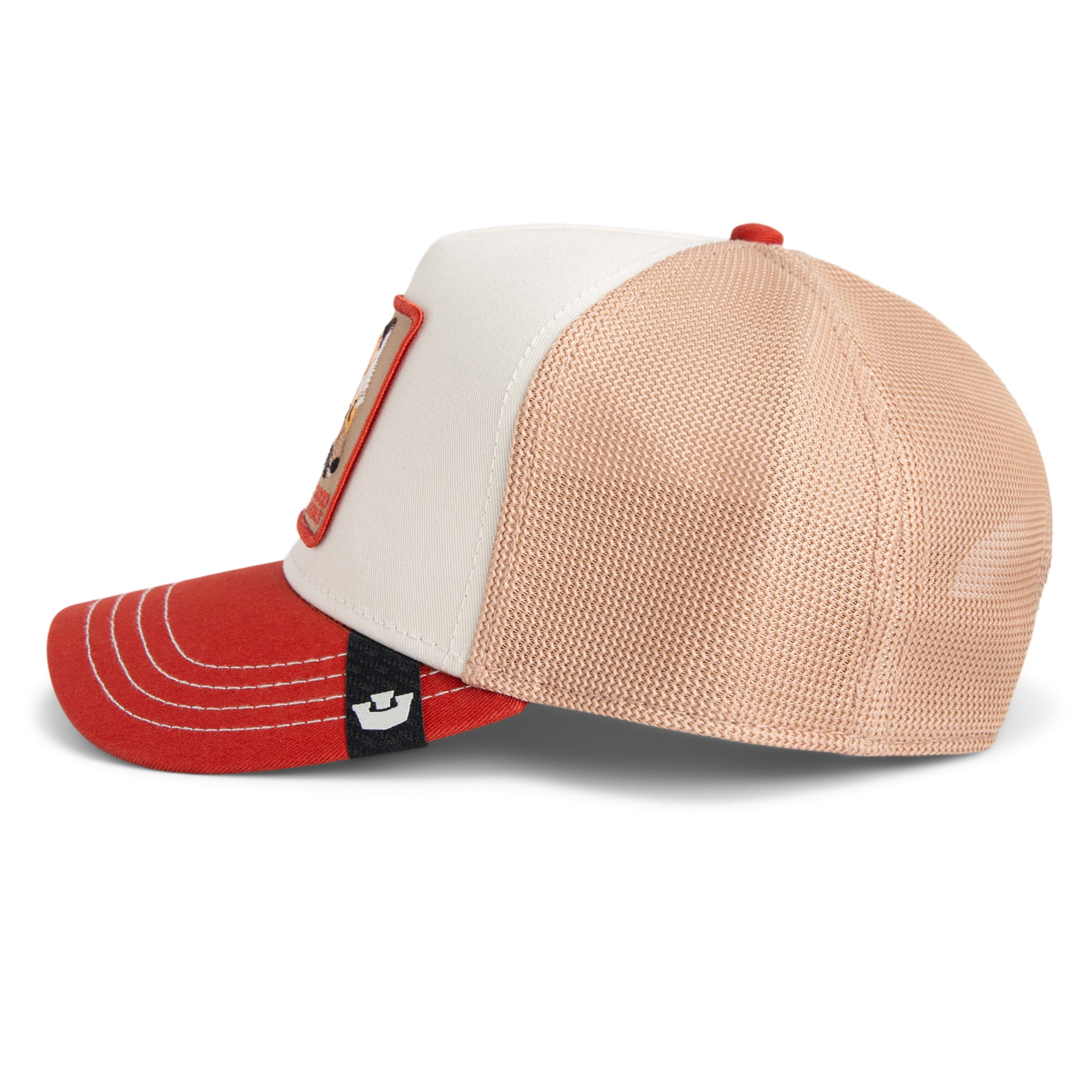 Beige and red Goorin Bros trucker hat with mesh back featuring embroidered fox patch labeled GOOD LOOKS on front panel
