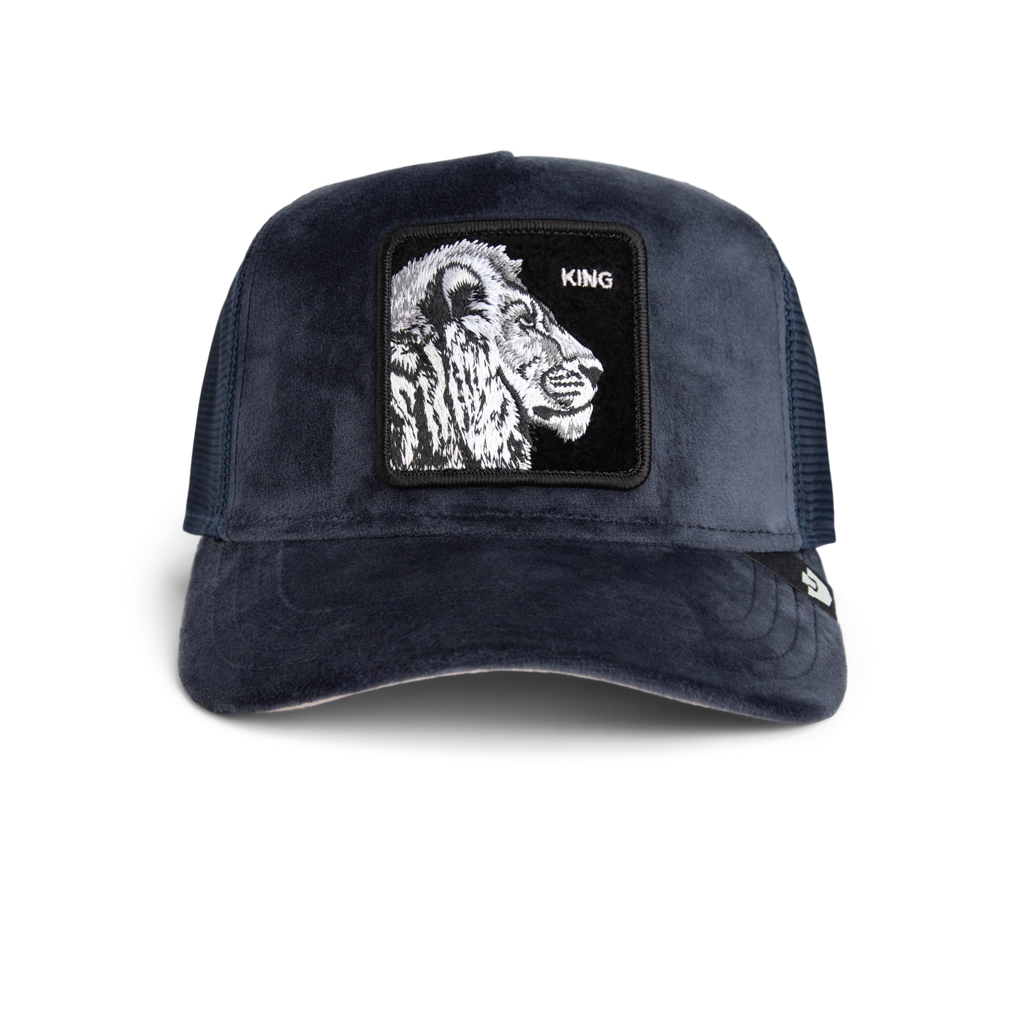 Goorin Bros King Lion Trucker Hat in navy with embroidered lion patch
