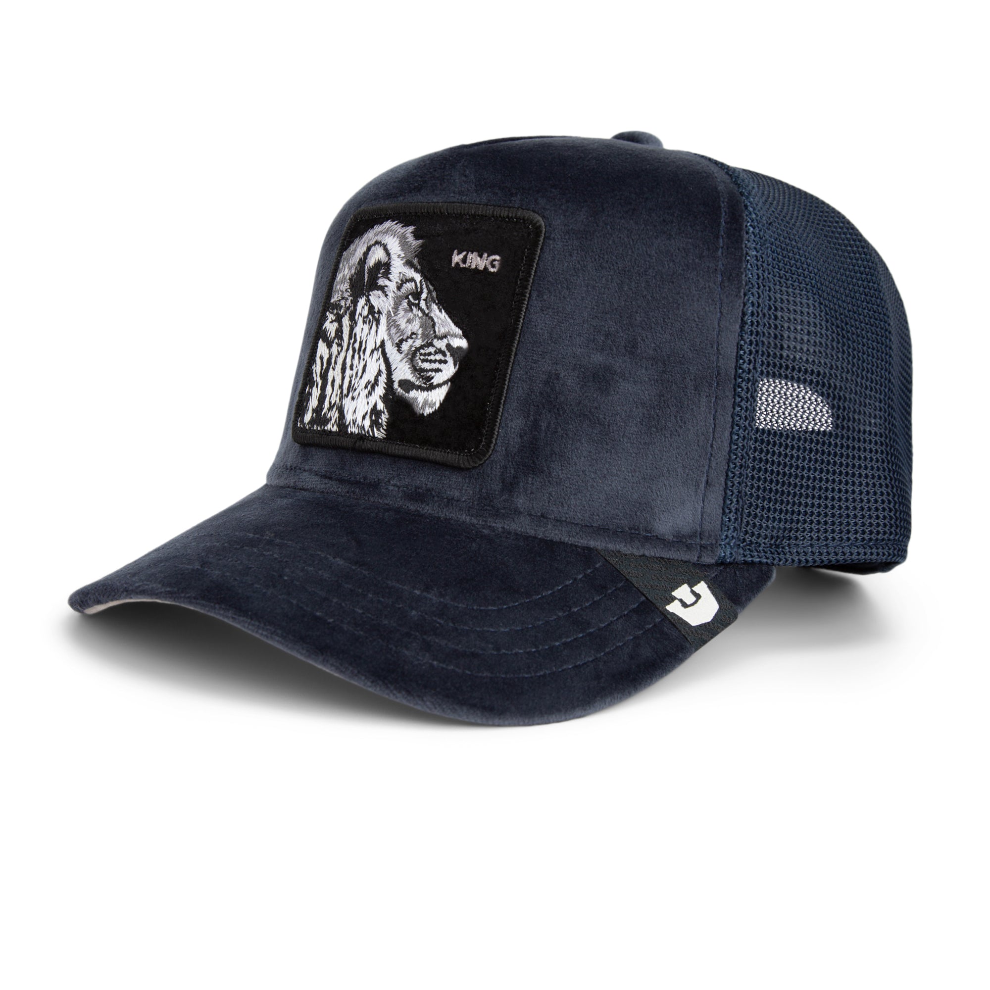 Goorin Bros King Lion Trucker Hat in navy with embroidered lion patch
