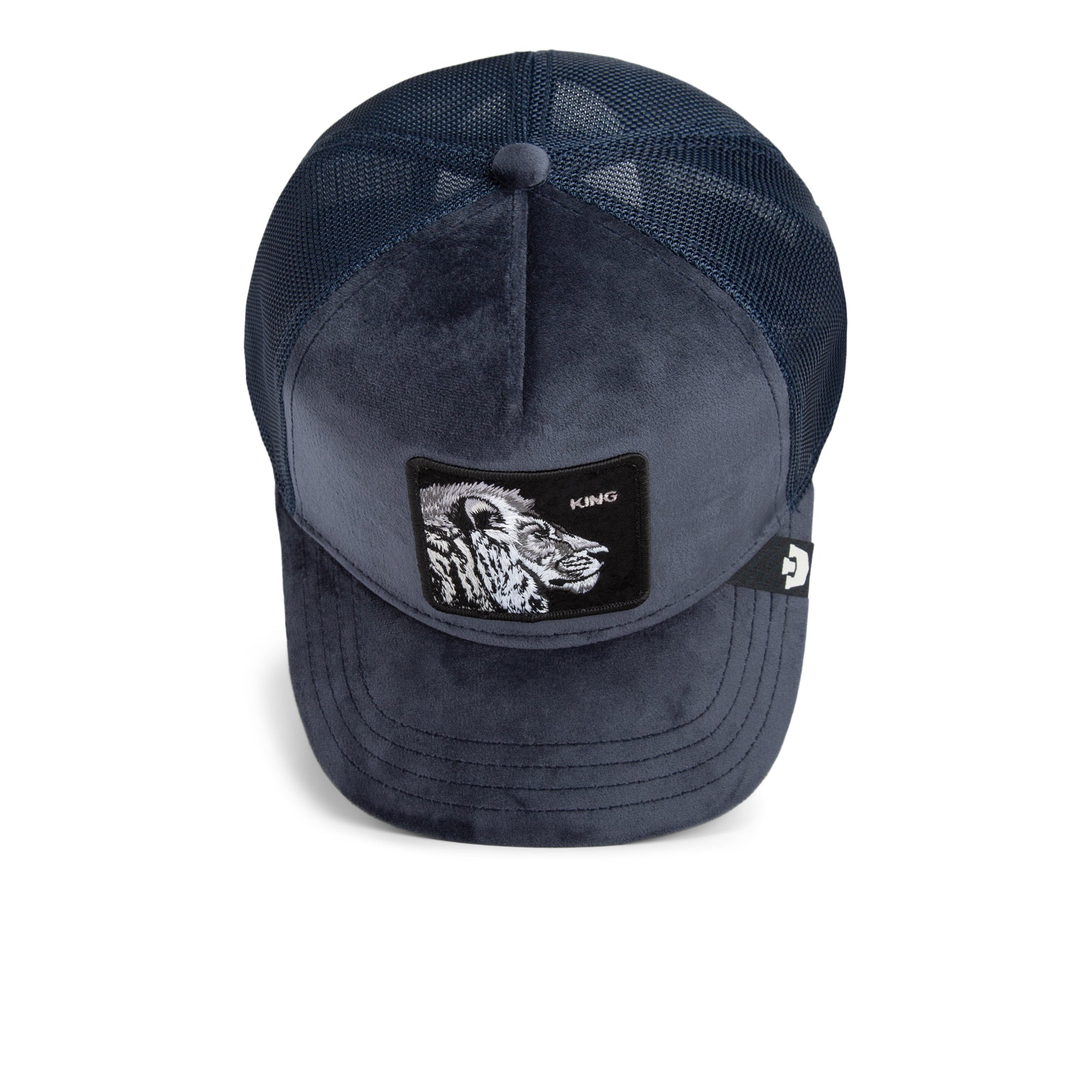 Goorin Bros King Lion Trucker Hat in navy with embroidered lion patch
