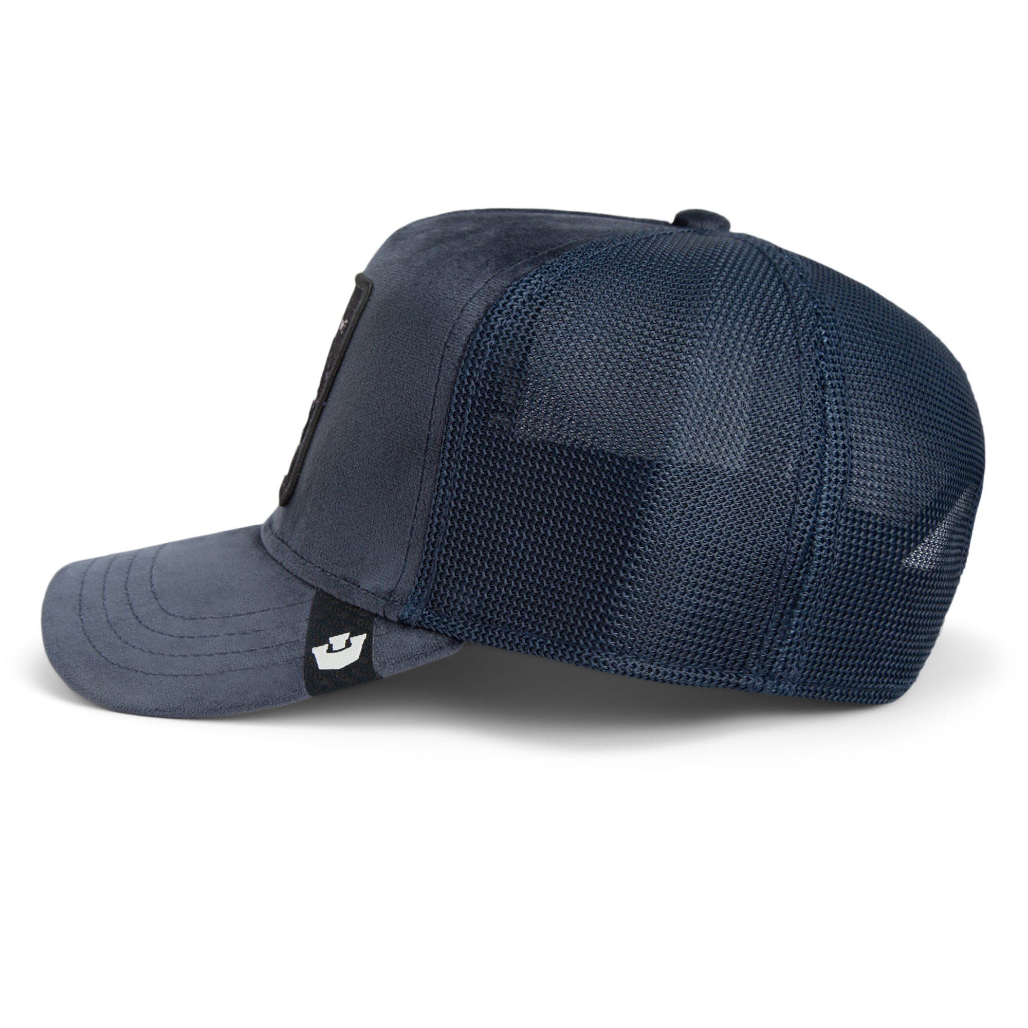 Goorin Bros King Lion Trucker Hat in navy with embroidered lion patch
