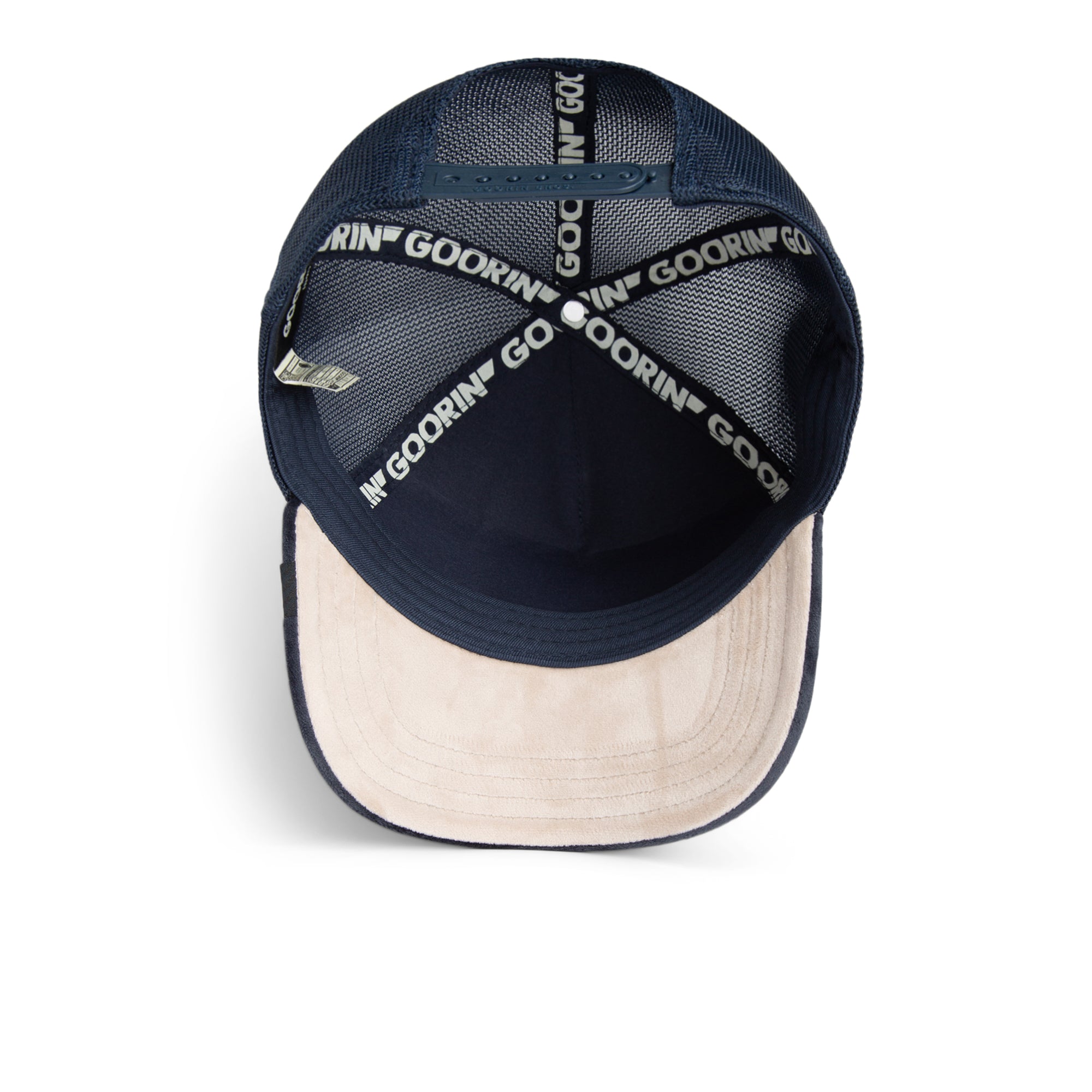 Goorin Bros King Lion Trucker Hat in navy with embroidered lion patch
