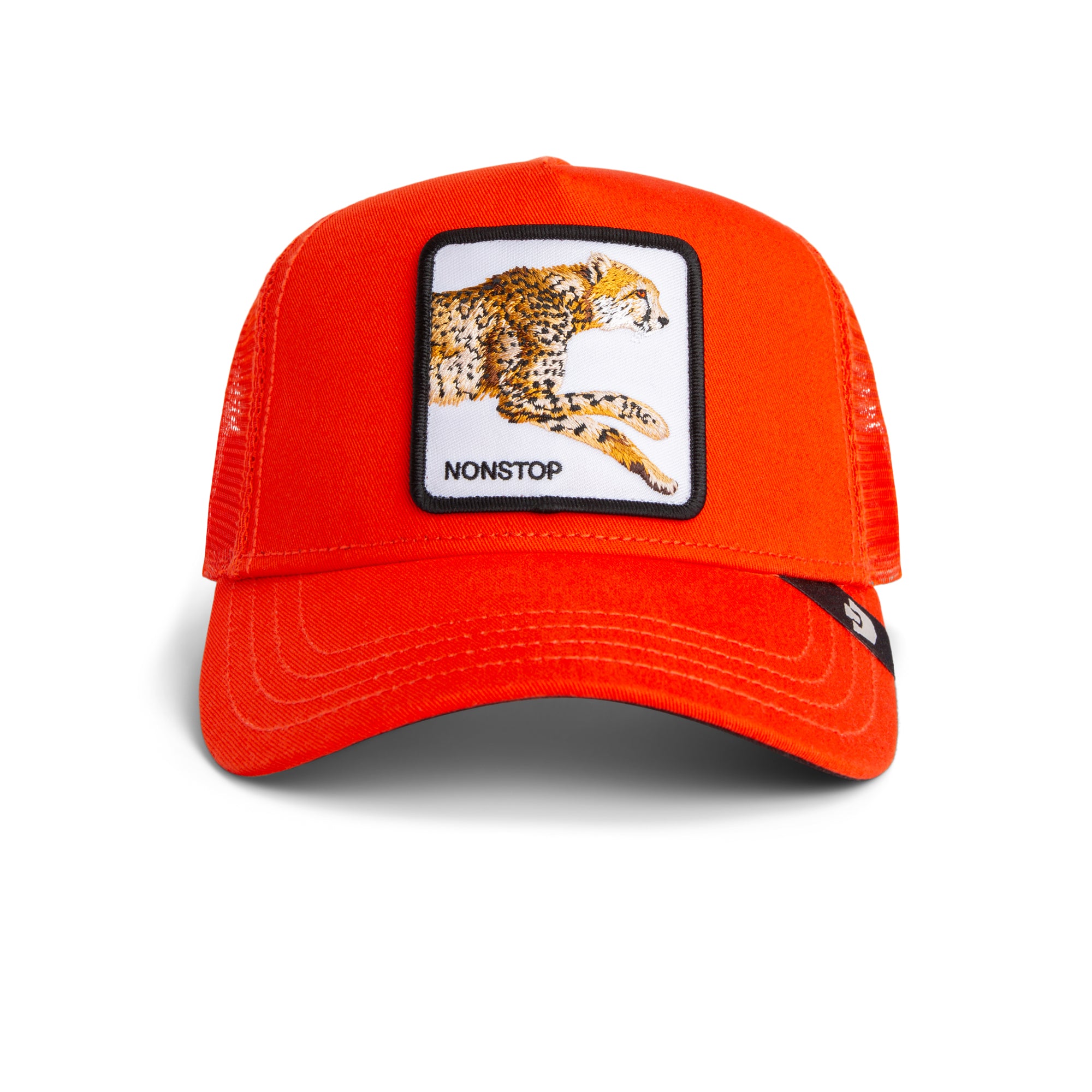 Black Goorin Bros trucker hat with mesh back featuring embroidered bull patch labeled RAGING on front panel

