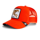 Black Goorin Bros trucker hat with mesh back featuring embroidered bull patch labeled RAGING on front panel
