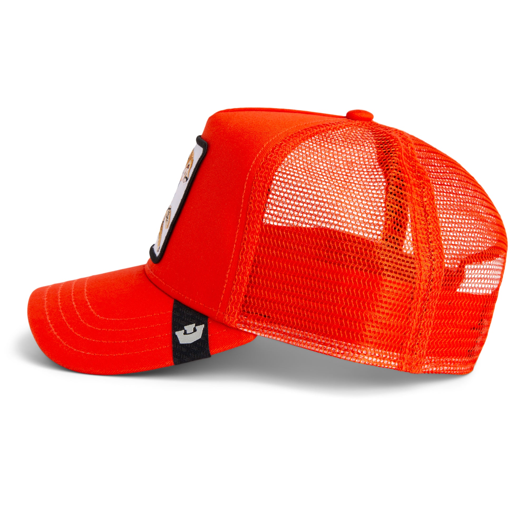 Black Goorin Bros trucker hat with mesh back featuring embroidered bull patch labeled RAGING on front panel

