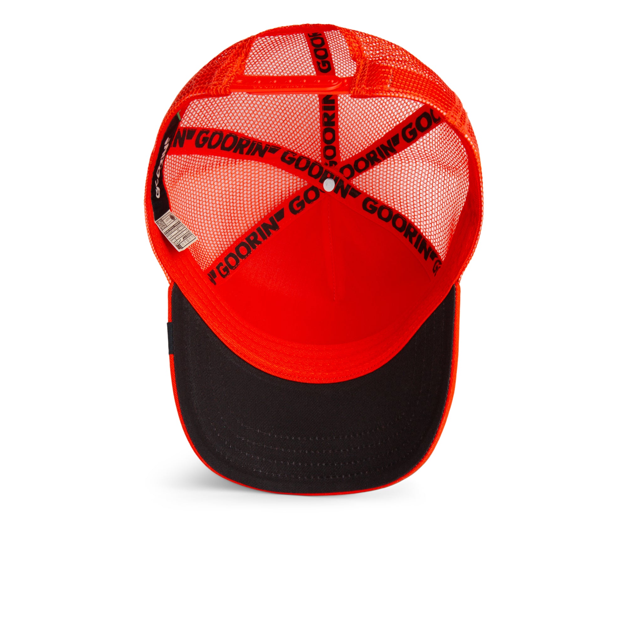 Black Goorin Bros trucker hat with mesh back featuring embroidered bull patch labeled RAGING on front panel
