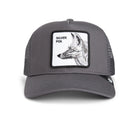 Grey Goorin Bros trucker hat with mesh back featuring embroidered fox patch labeled SILVER FOX on front panel

