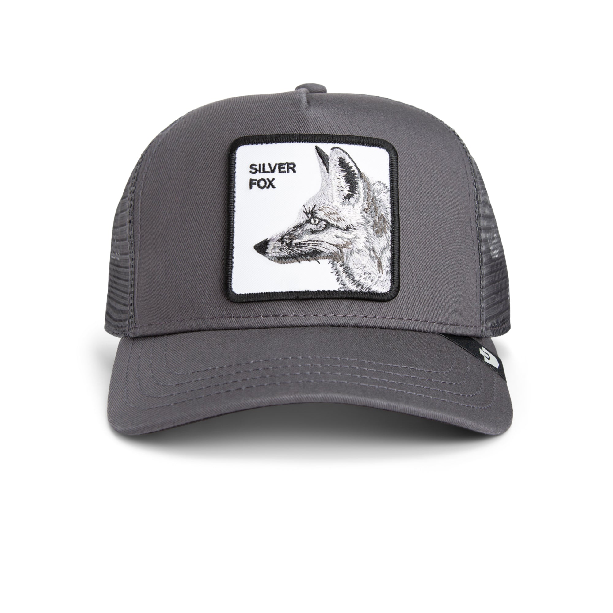 Grey Goorin Bros trucker hat with mesh back featuring embroidered fox patch labeled SILVER FOX on front panel
