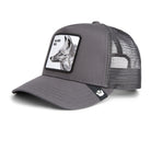 Grey Goorin Bros trucker hat with mesh back featuring embroidered fox patch labeled SILVER FOX on front panel

