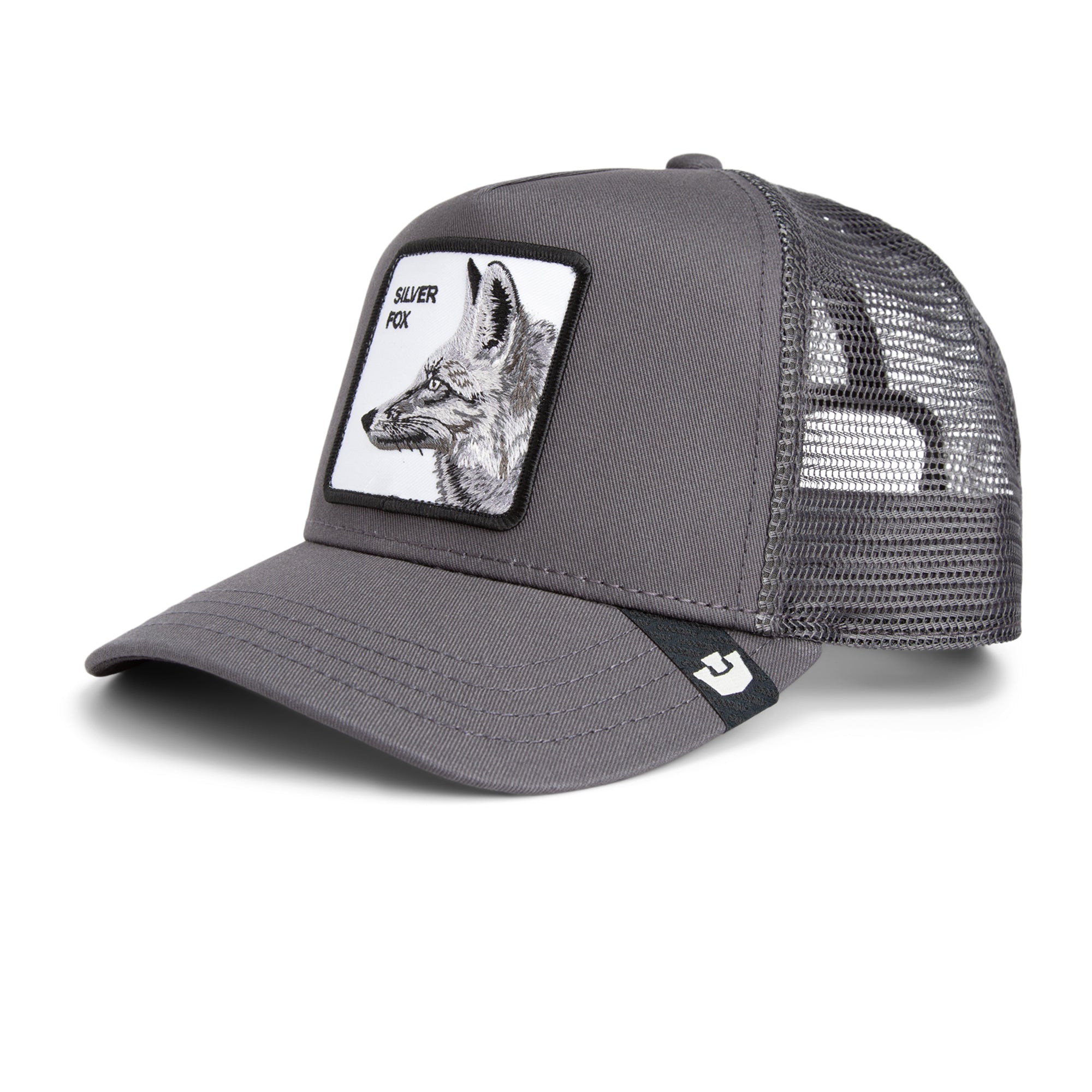 Grey Goorin Bros trucker hat with mesh back featuring embroidered fox patch labeled SILVER FOX on front panel
