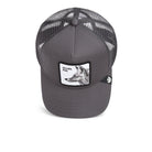 Grey Goorin Bros trucker hat with mesh back featuring embroidered fox patch labeled SILVER FOX on front panel
