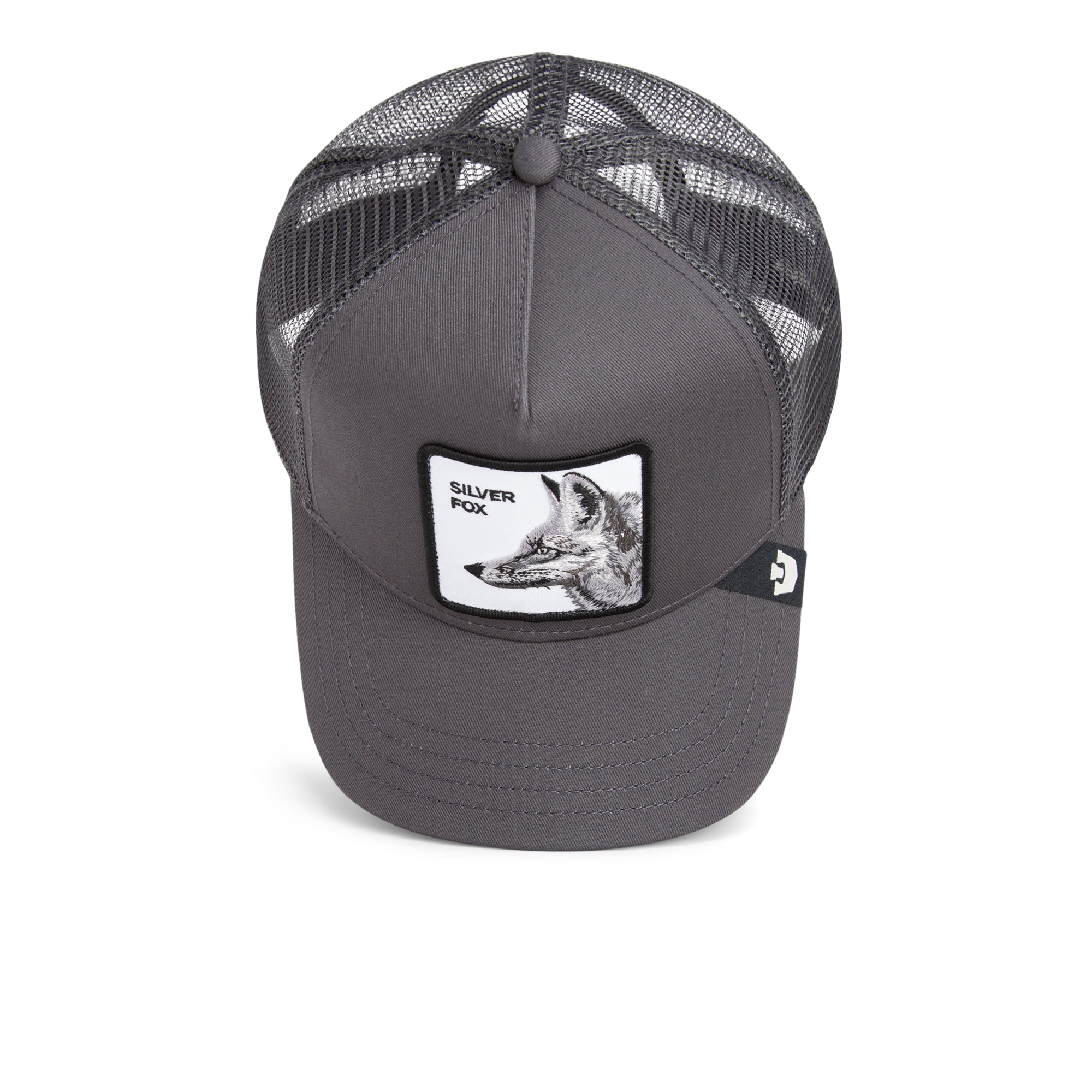 Grey Goorin Bros trucker hat with mesh back featuring embroidered fox patch labeled SILVER FOX on front panel
