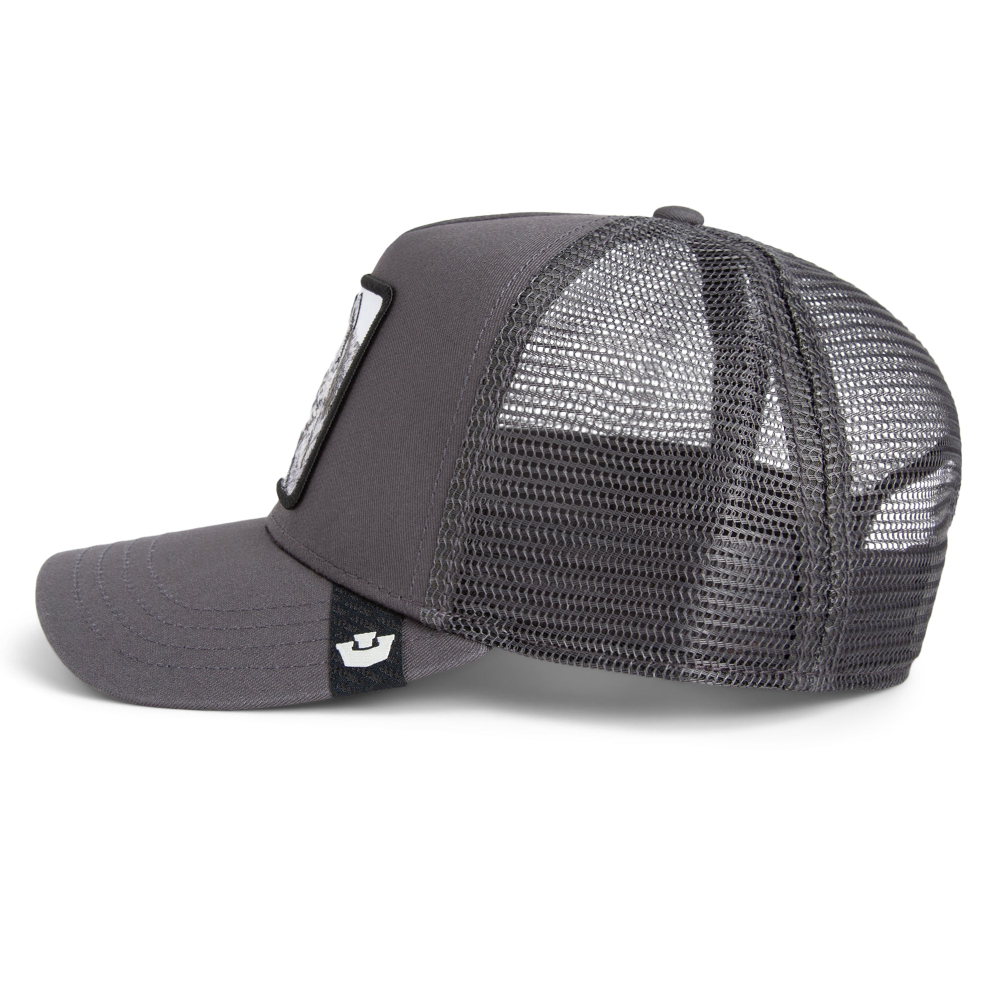 Grey Goorin Bros trucker hat with mesh back featuring embroidered fox patch labeled SILVER FOX on front panel
