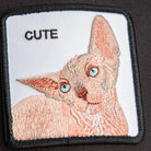Embroidered patch of a sphynx cat with 'CUTE' text on a white background