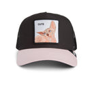 Black and pink cap with a cat illustration and 'CUTE' text on a white background