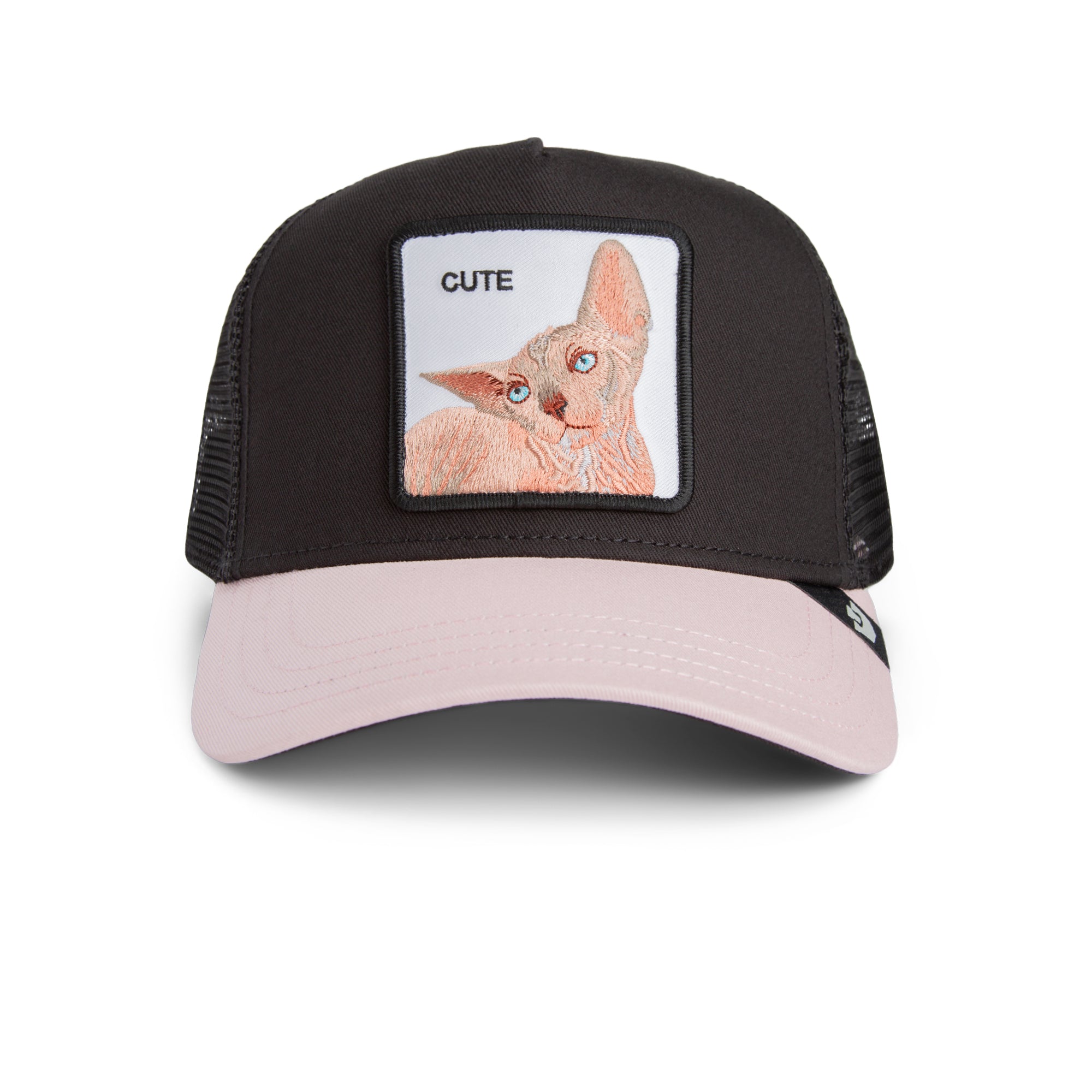 Black and pink cap with a cat illustration and 'CUTE' text on a white background