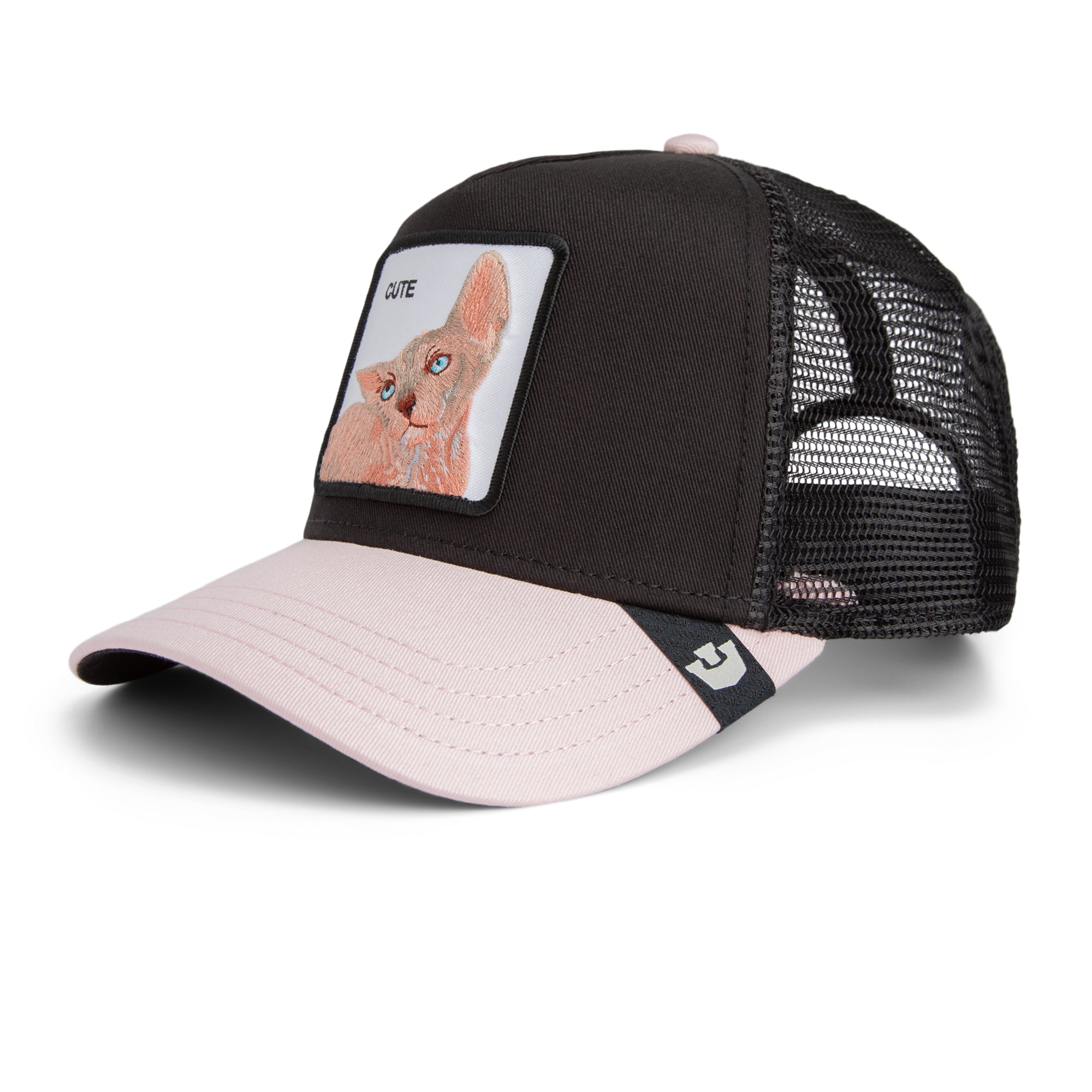 Black and pink cap with a cat patch on a white background