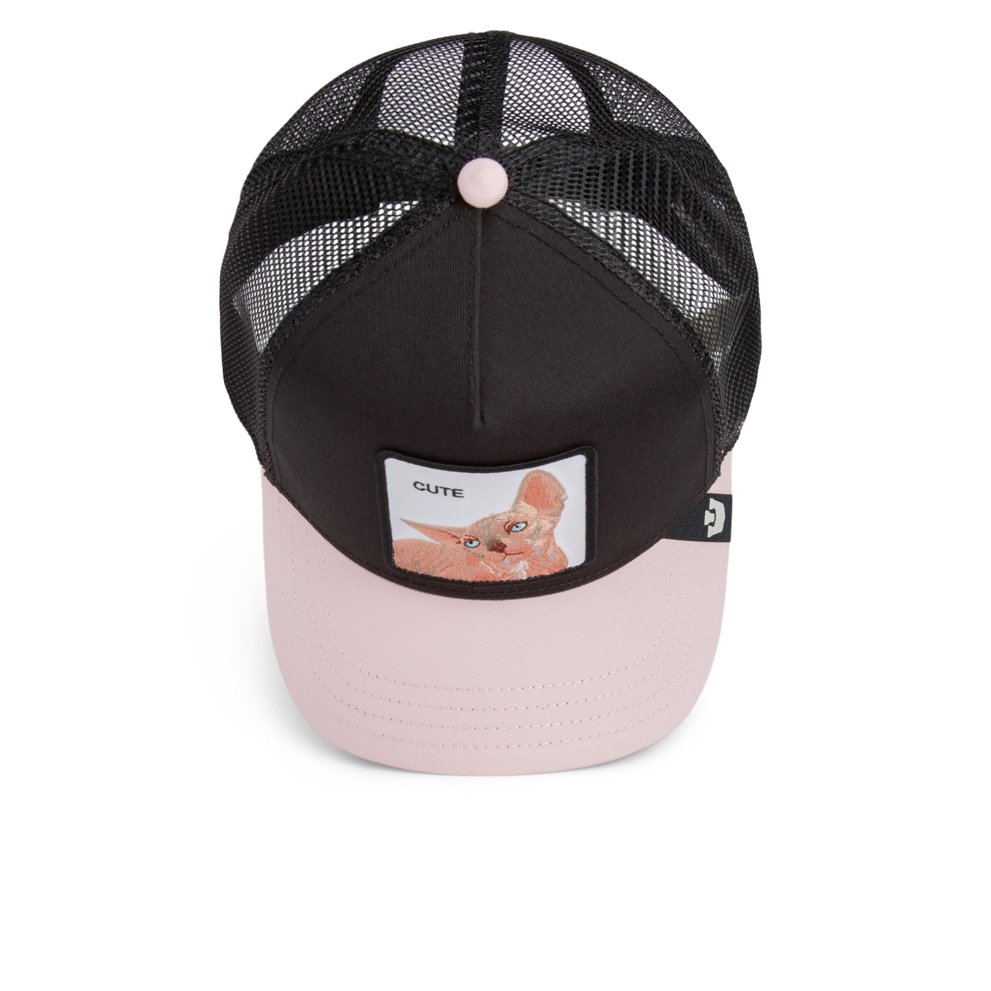 Black and pink cap with a small patch on a white background