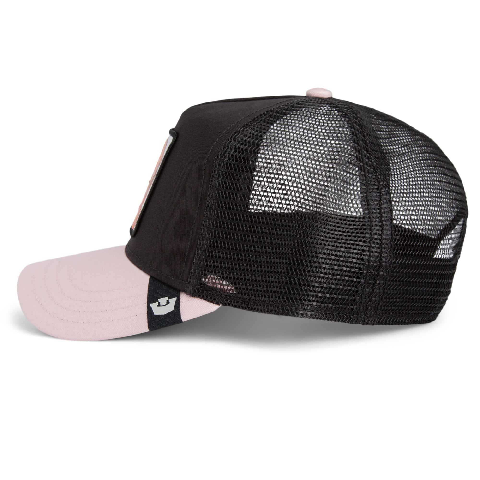 Black mesh cap with pink visor on a white background