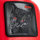 Embroidered patch of a black cat with red eyes on a red background, featuring the brand 'MISFIT'.