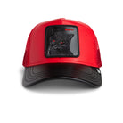 Red and black cap with a black cat patch on a white background
