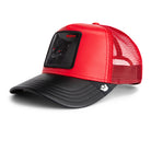 Red and black cap with mesh back on a white background