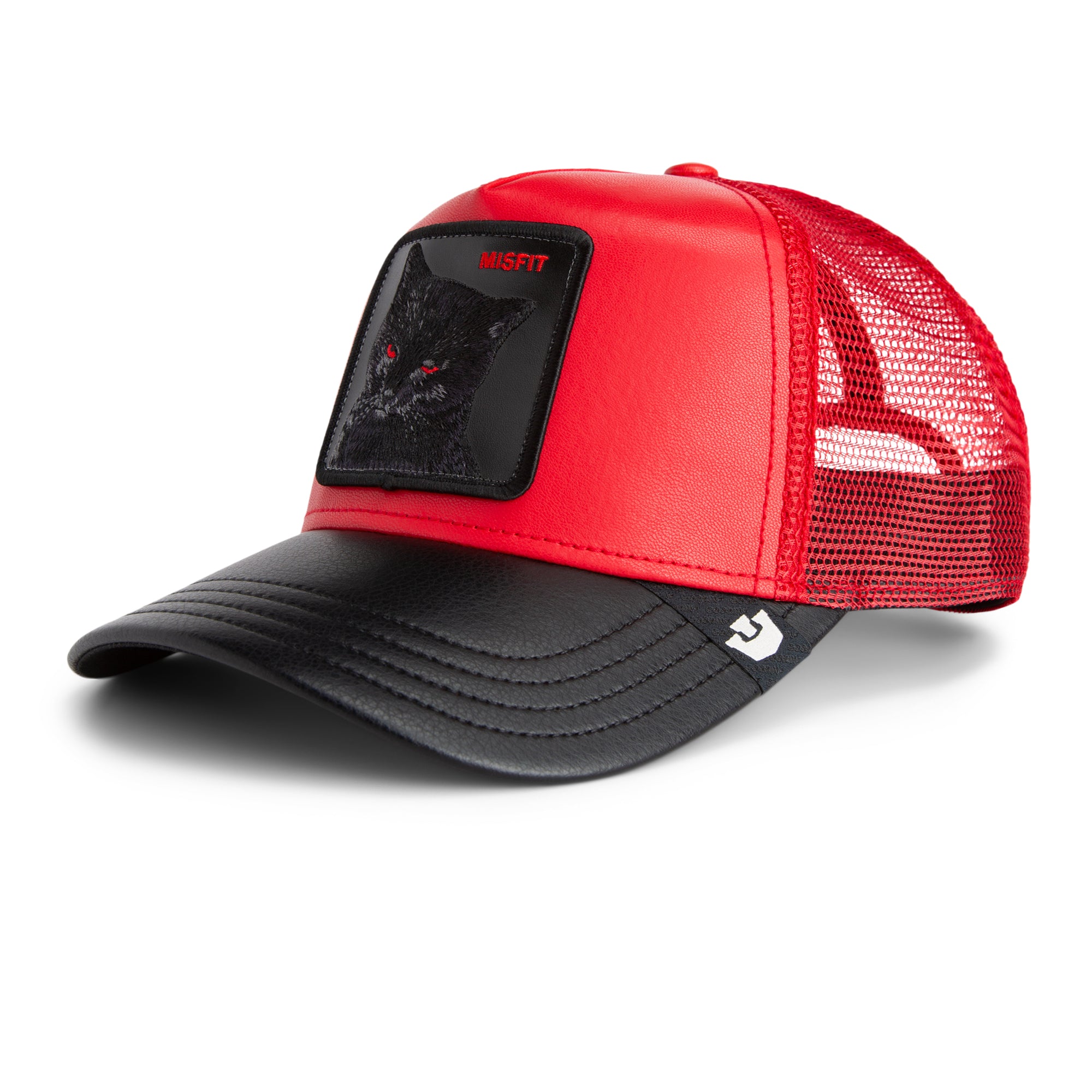 Red and black cap with mesh back on a white background