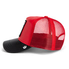 Red and black mesh cap on a white background