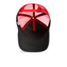 Black and red cap with mesh design on a white background