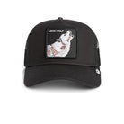 Goorin Bros Lone Wolf Trucker Hat in black with embroidered wolf patch

