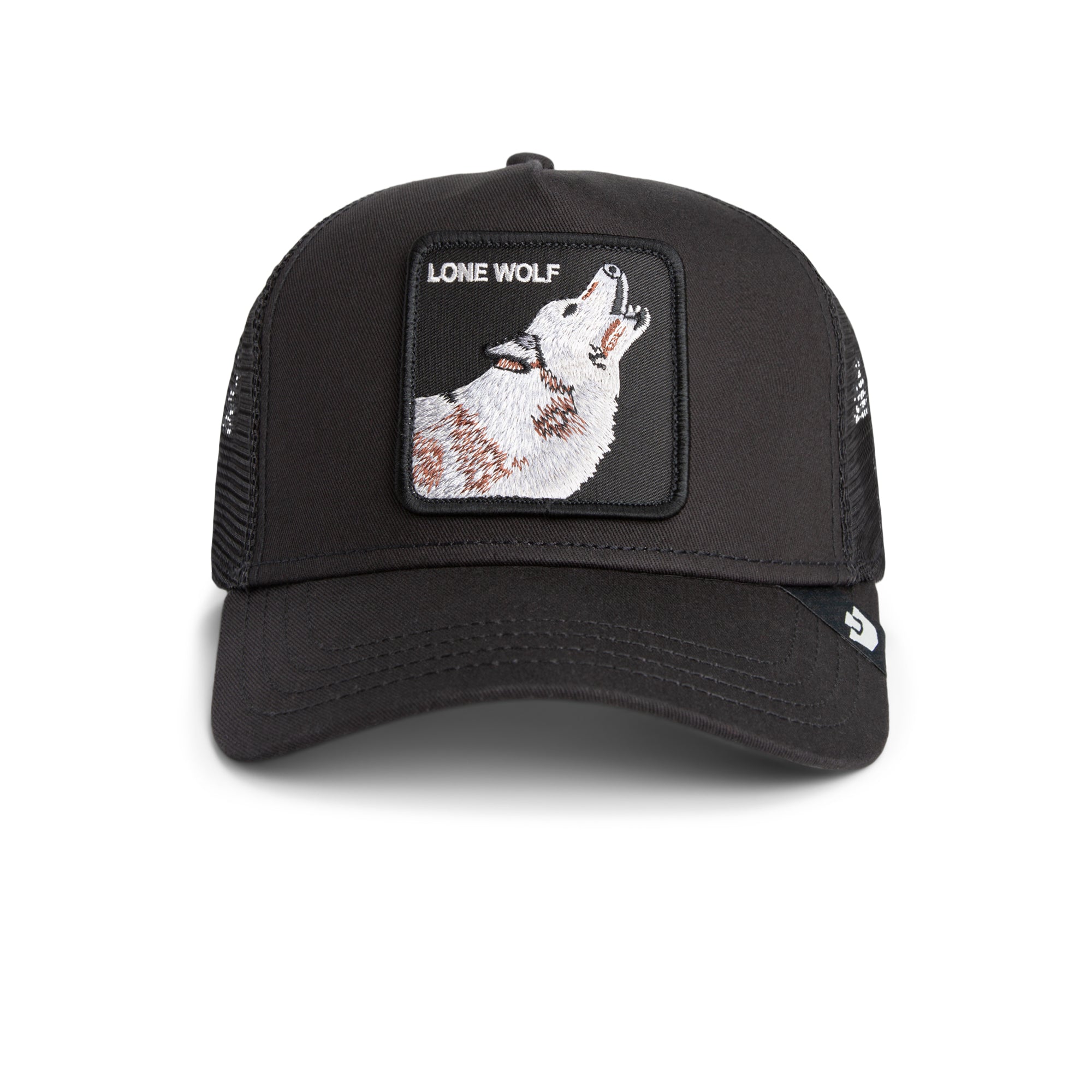 Goorin Bros Lone Wolf Trucker Hat in black with embroidered wolf patch
