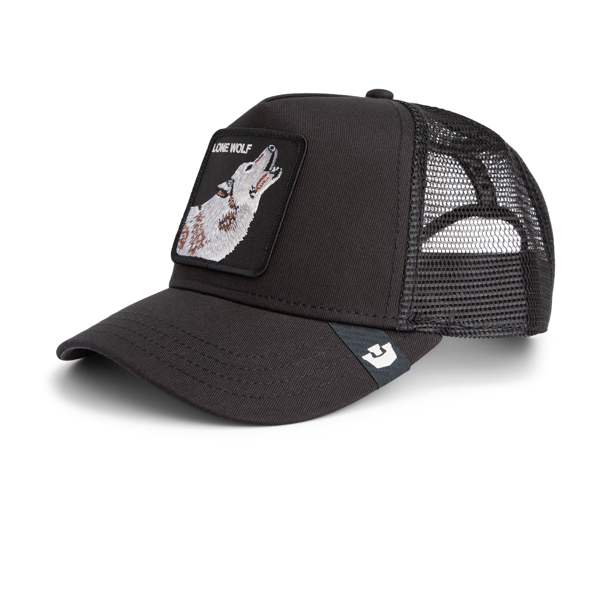 Goorin Bros Lone Wolf Trucker Hat in black with embroidered wolf patch
