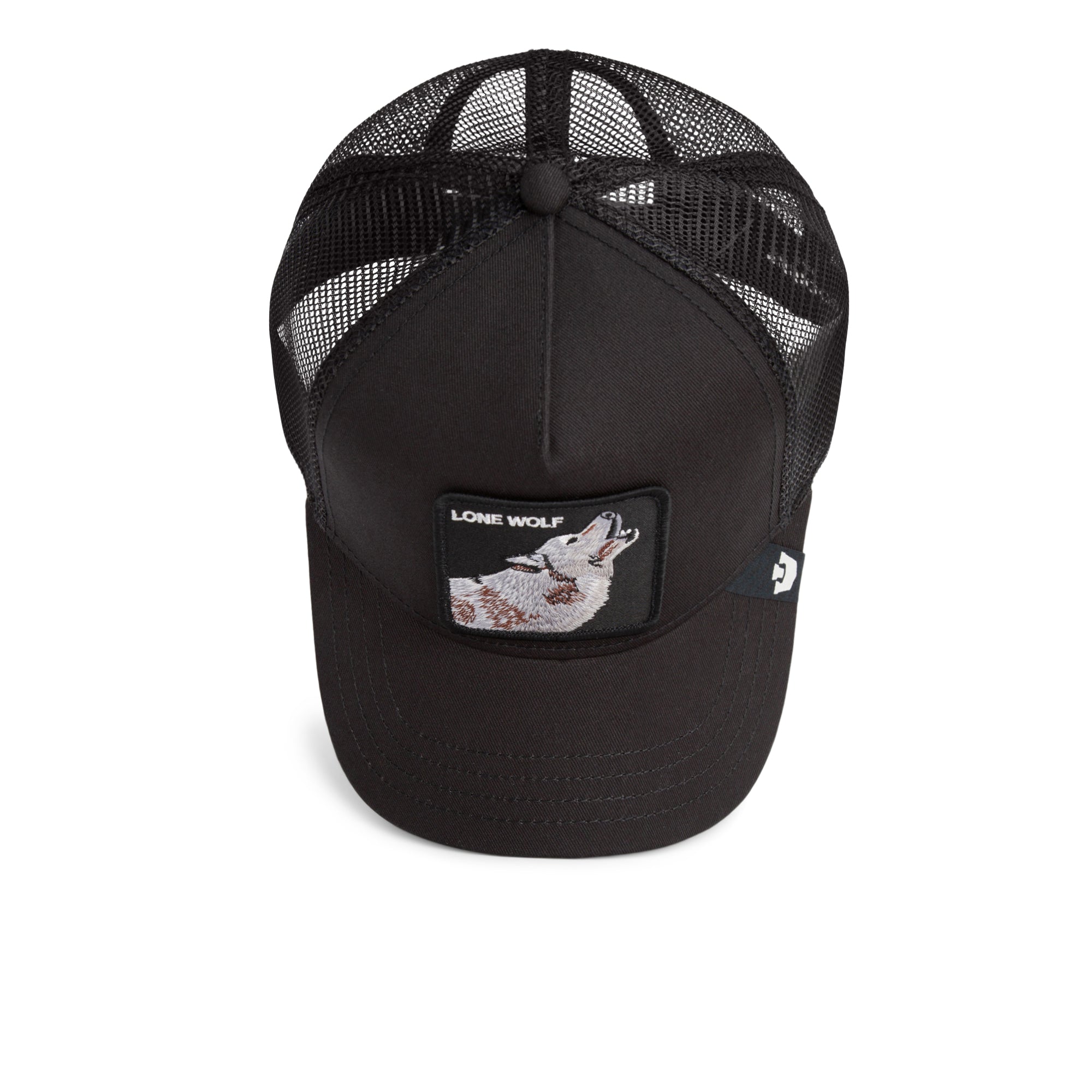 Goorin Bros Lone Wolf Trucker Hat in black with embroidered wolf patch
