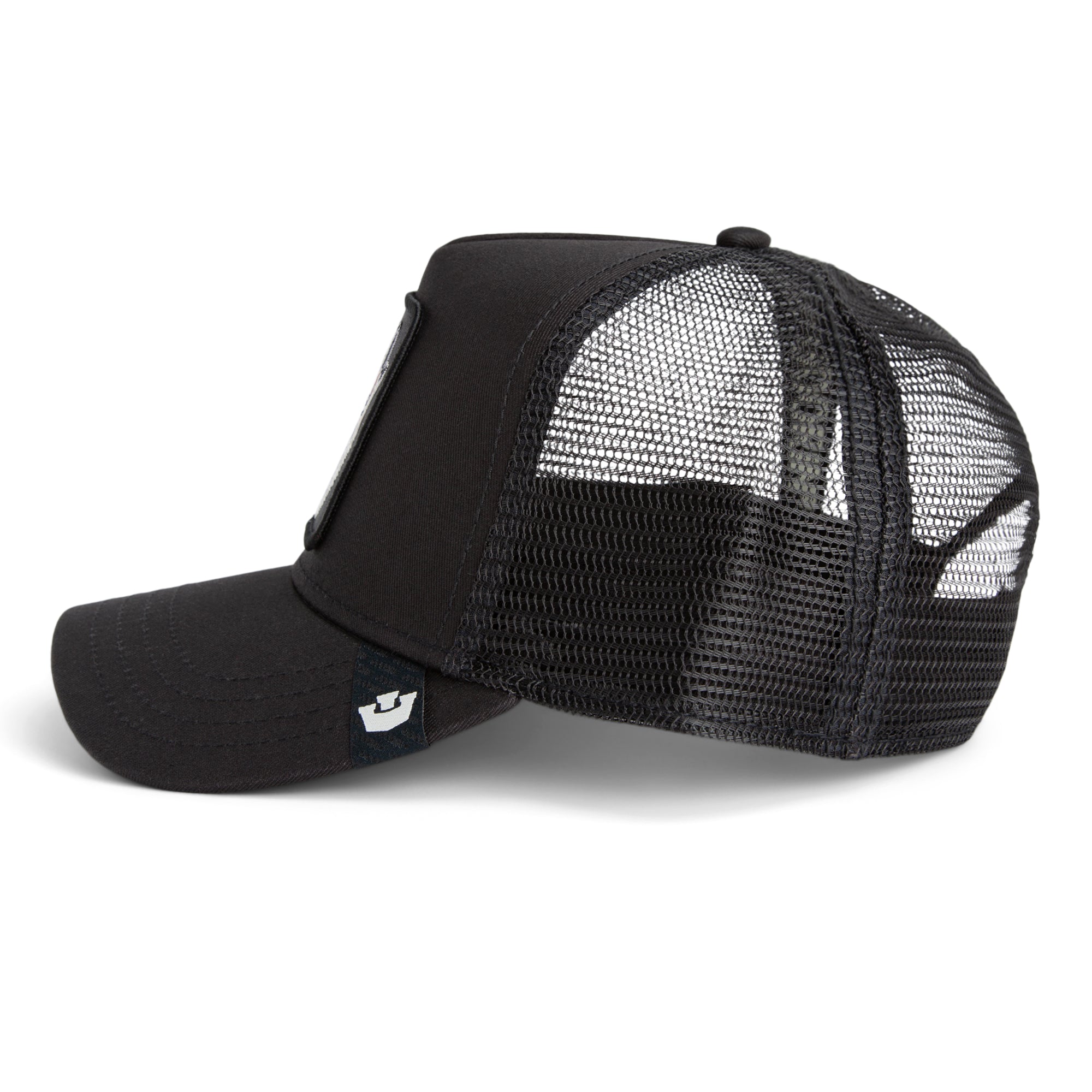 Goorin Bros Lone Wolf Trucker Hat in black with embroidered wolf patch
