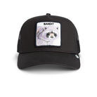 Black Goorin Bros trucker hat with mesh back featuring embroidered raccoon patch labeled BANDIT on front panel
