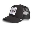 Black Goorin Bros trucker hat with mesh back featuring embroidered raccoon patch labeled BANDIT on front panel
