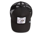 Black Goorin Bros trucker hat with mesh back featuring embroidered raccoon patch labeled BANDIT on front panel
