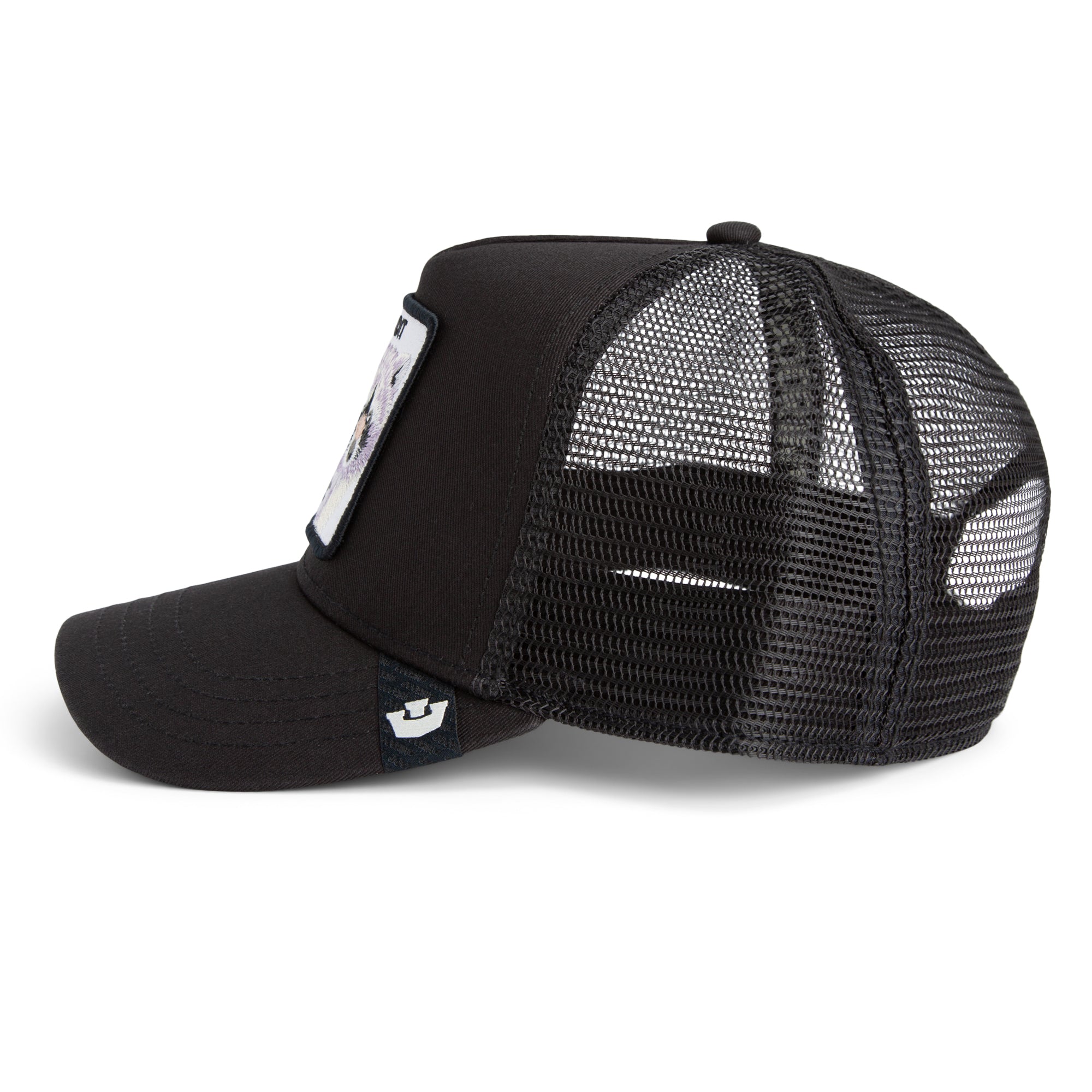 Black Goorin Bros trucker hat with mesh back featuring embroidered raccoon patch labeled BANDIT on front panel
