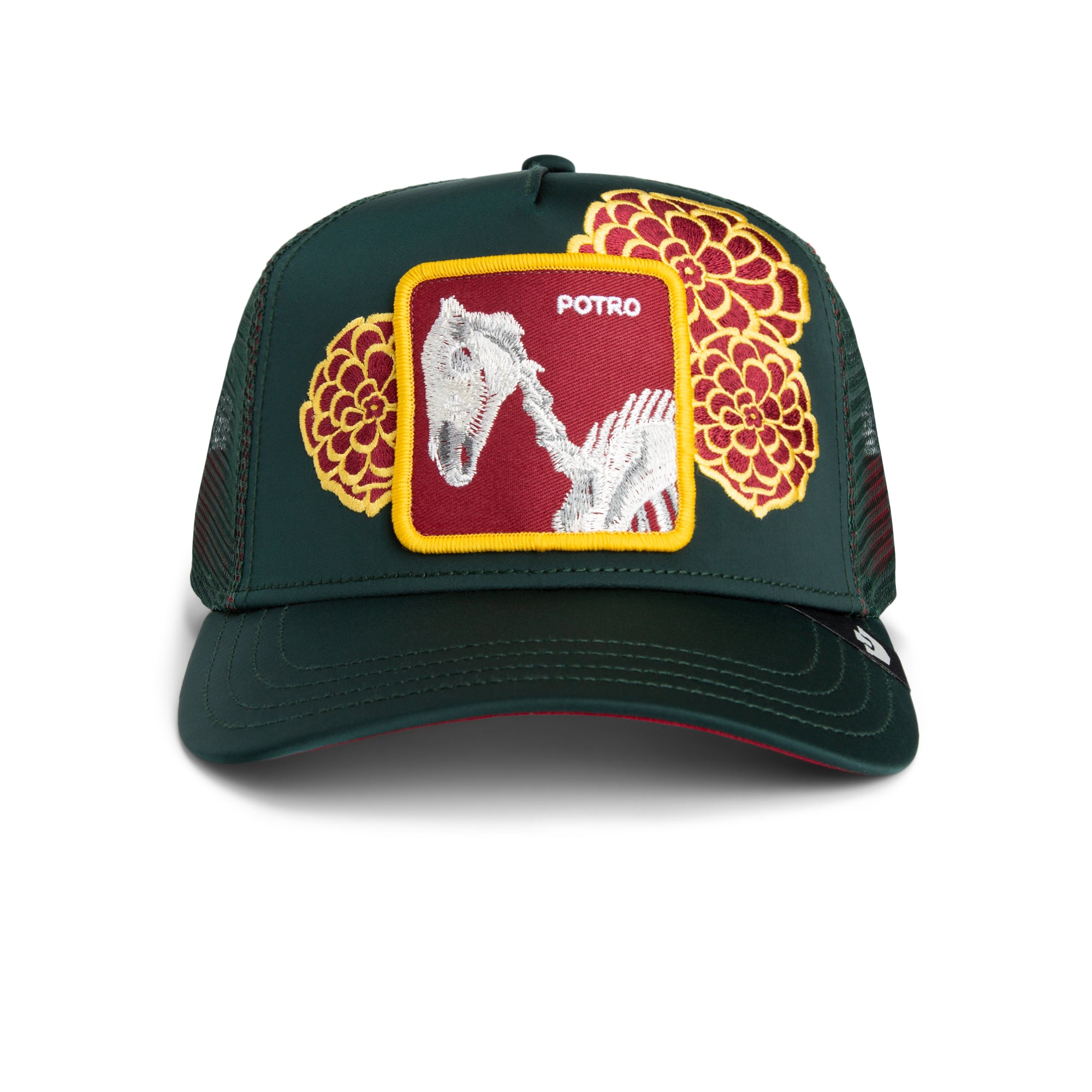 Dark green Goorin Bros trucker hat with Potro skeleton horse patch