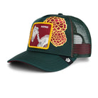 Green mesh back trucker cap featuring embroidered skeleton horse design
