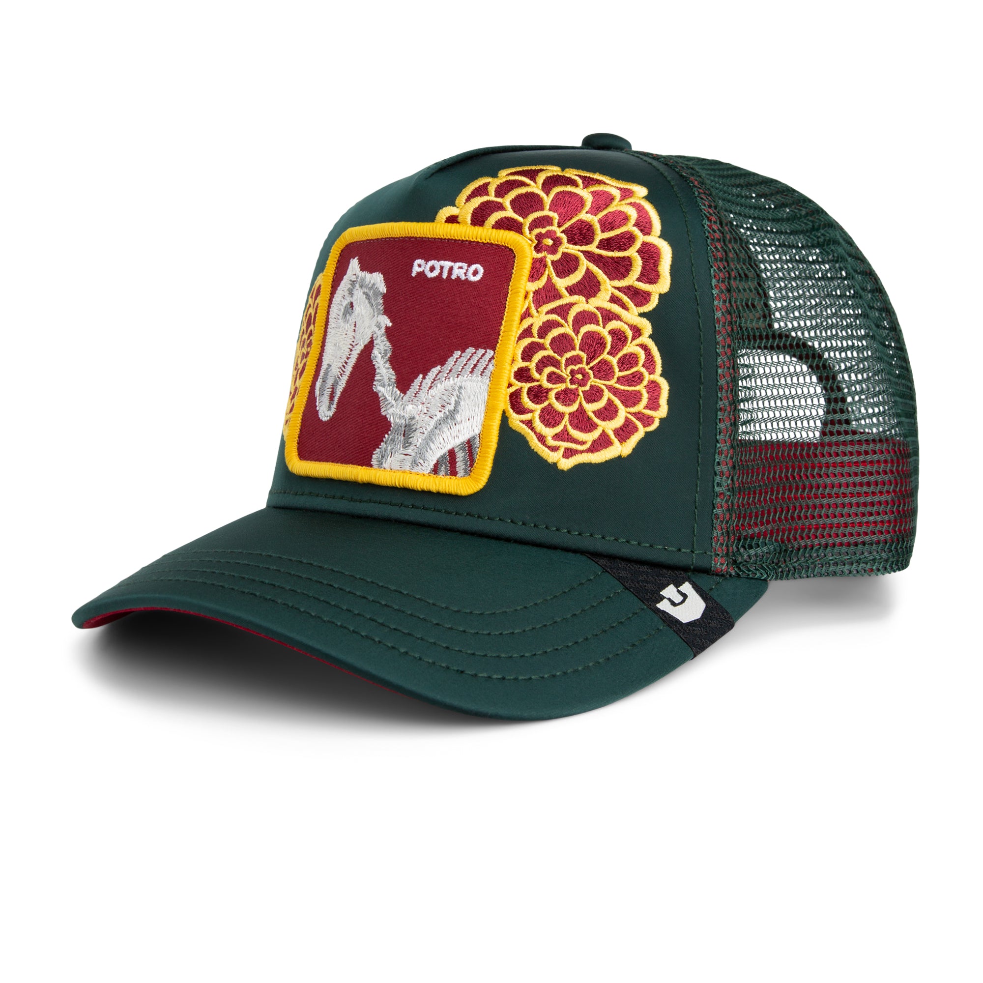Green mesh back trucker cap featuring embroidered skeleton horse design