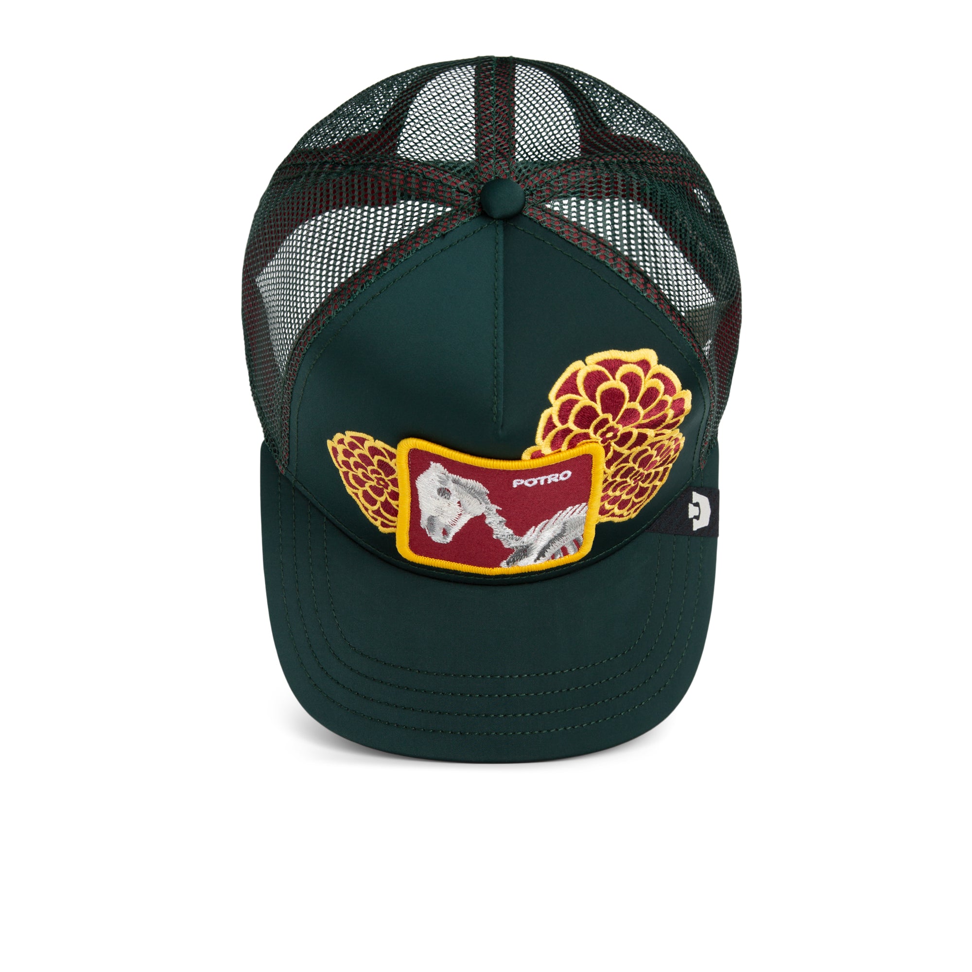 Dark green animal patch trucker hat with yellow and red embroidery