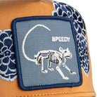 Tan and blue embroidered animal patch trucker hat