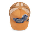 Tan trucker hat with floral embroidery and Speedy mouse patch