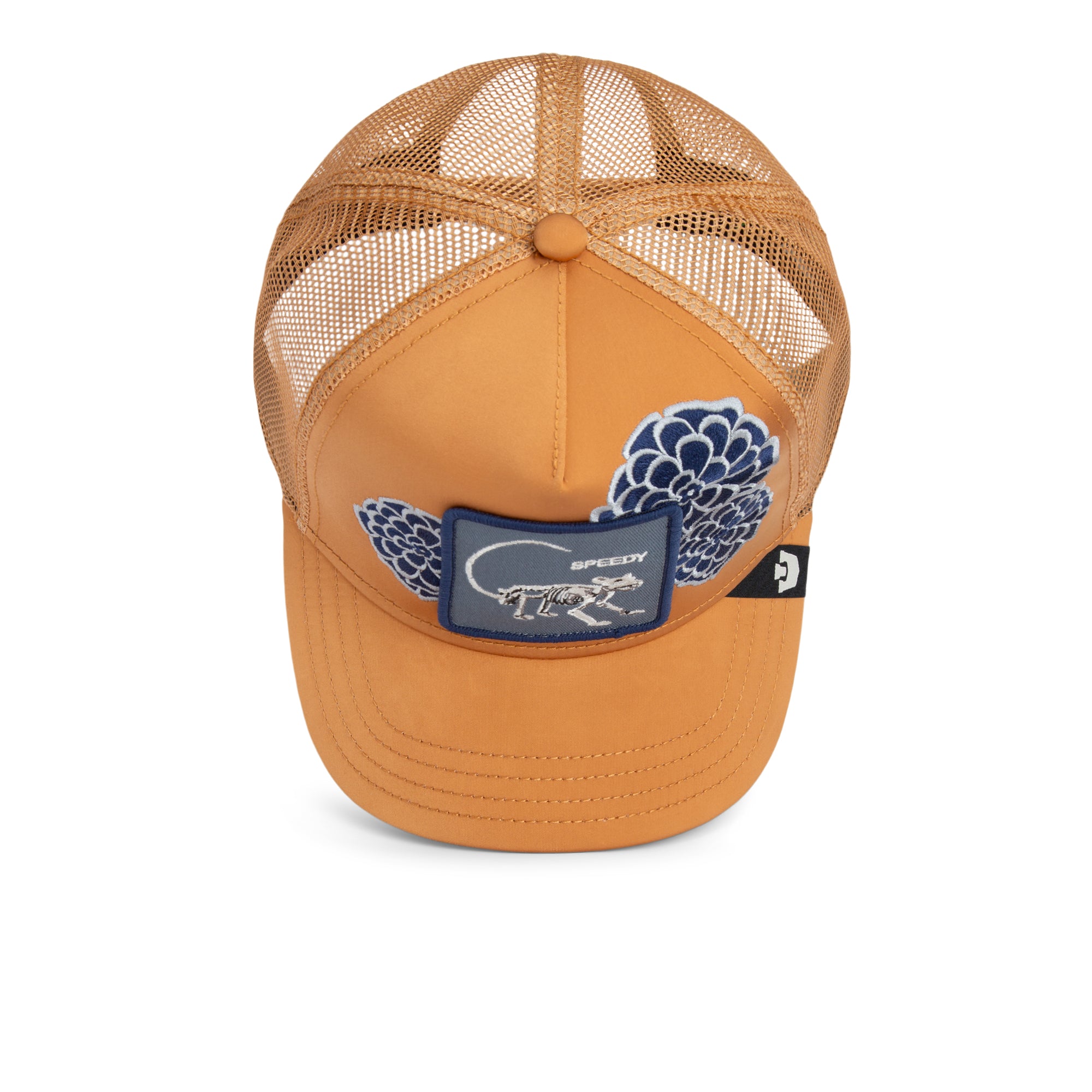 Tan trucker hat with floral embroidery and Speedy mouse patch