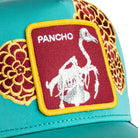 Turquoise trucker hat with floral embroidery and Pancho patch