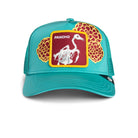 Turquoise Goorin Bros trucker hat with Pancho skeleton bird patch