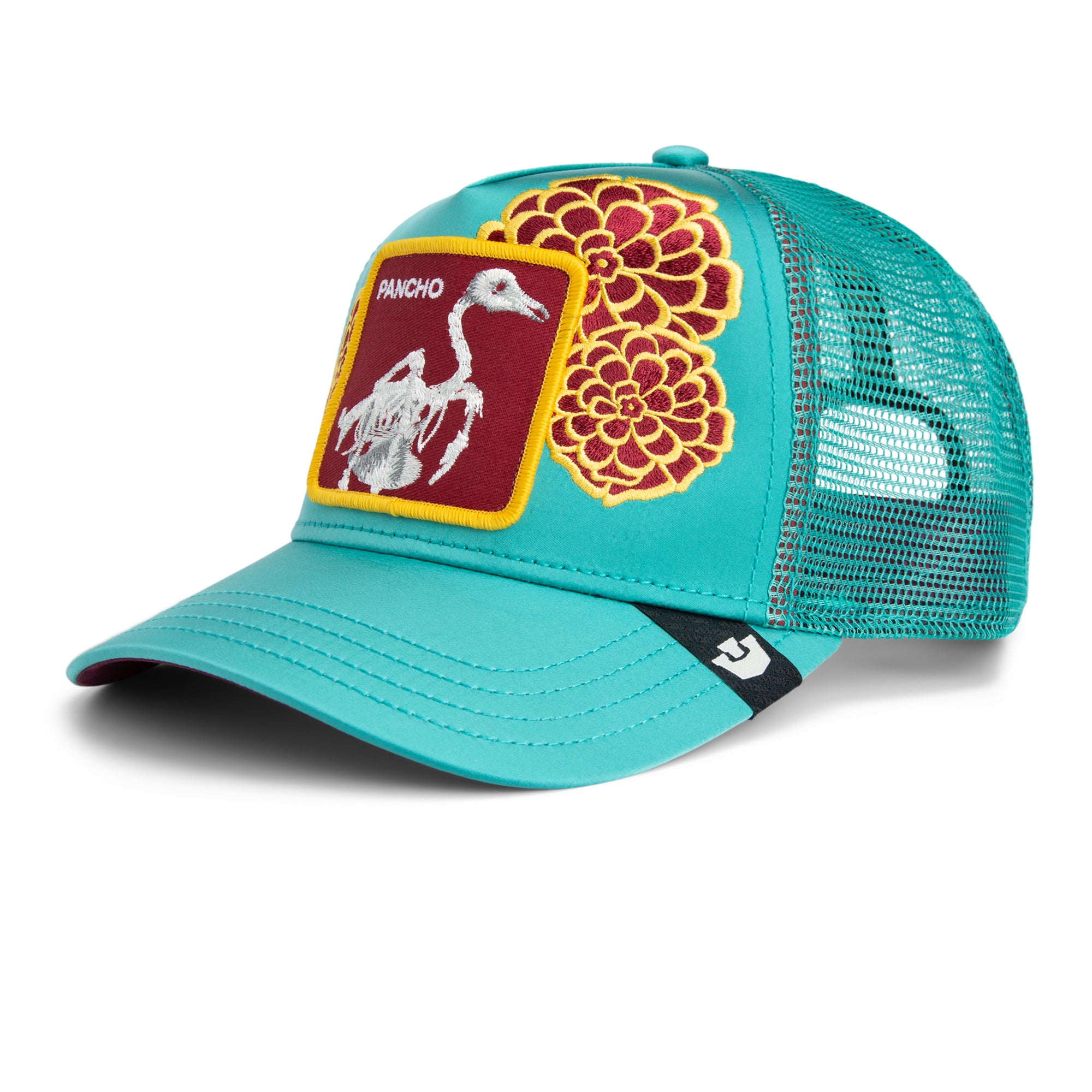 Teal mesh back trucker cap featuring embroidered skeleton bird design