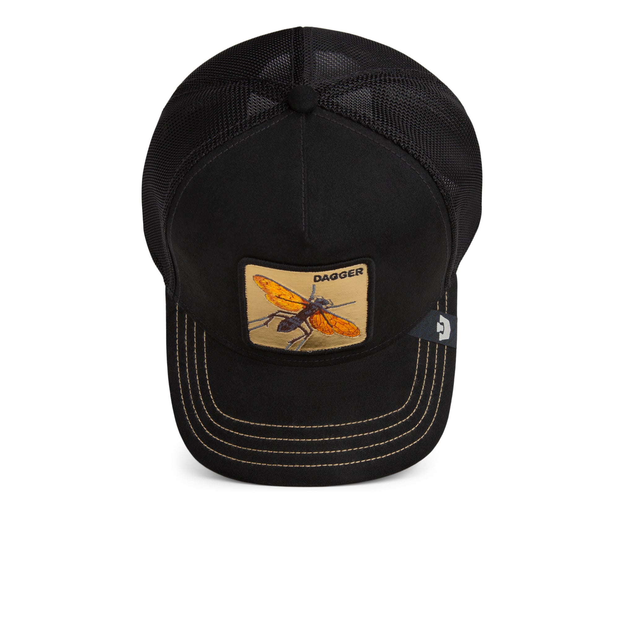 Black cap with a patch featuring a dragonfly design on a white background
